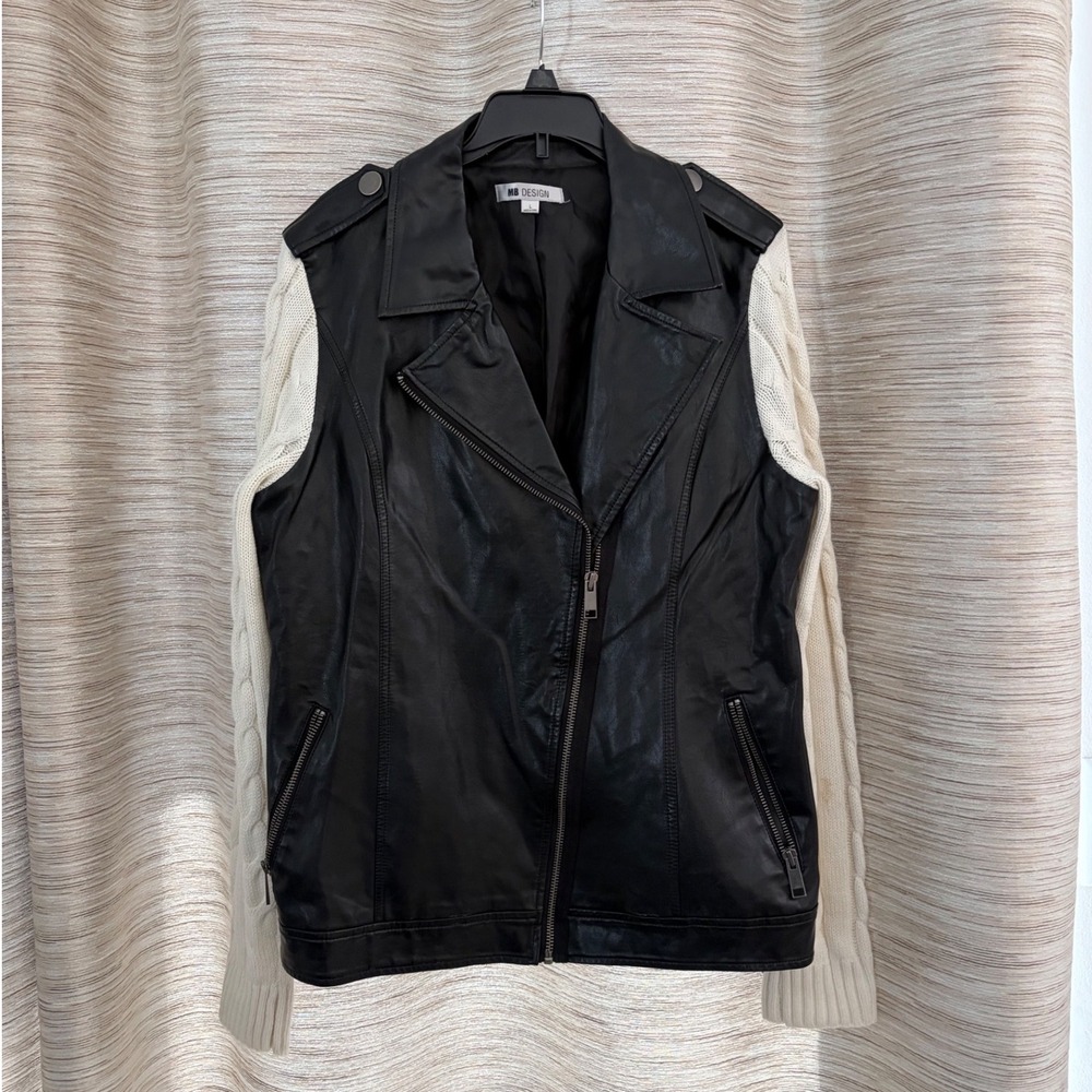 MB Design Womens Faux Leather Cable Knit Sleeve‎ Moto Jacket Black Cream Large